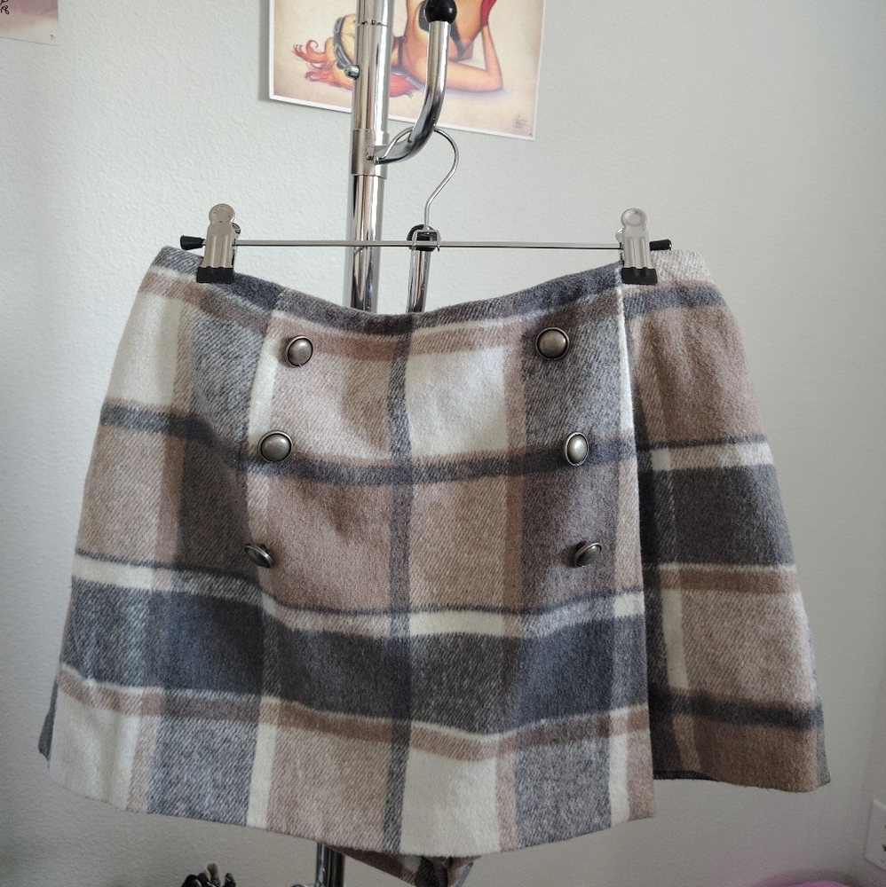 Plaid Wool Button-Front Skort